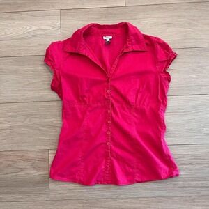 Dynamite Y2K Pink Cotton Button Up Blouse Puff Sleeves Collared Women M Coquette